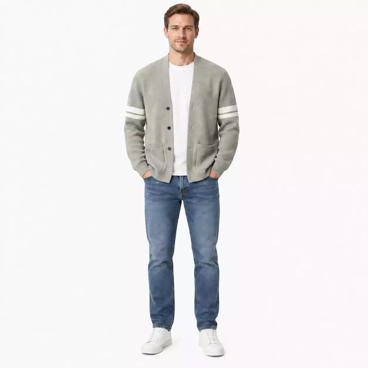 Cardigan Homme Col V à Bandes Contrastantes