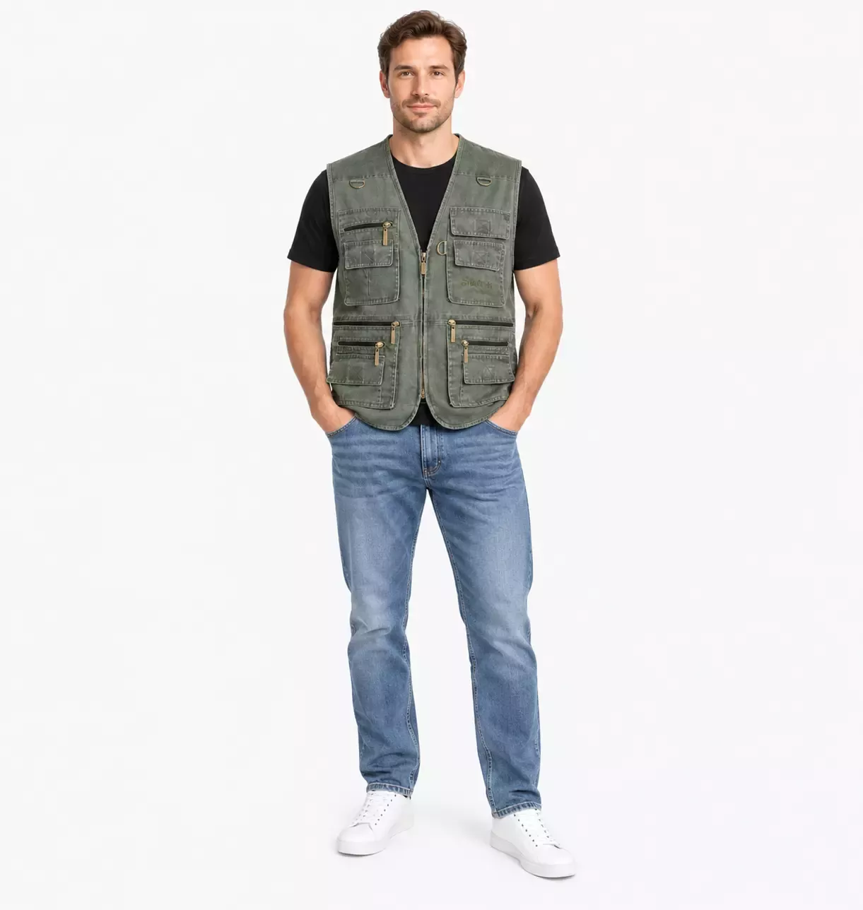 Veste homme sans manche multi-poches en daim 