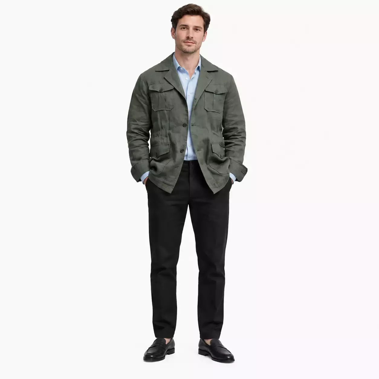 Veste Saharienne Homme en Lin Vert Mousse